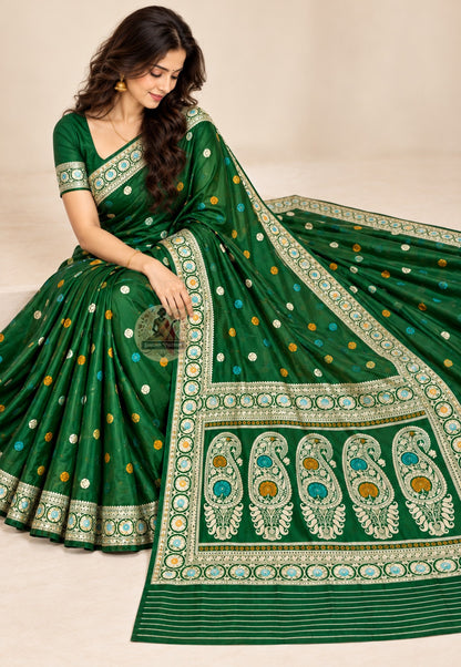 Front view of Bishnupur Baluchari pure silk connoisseur's saree with Indian mythology narrative silk thread motifs handloom woven in Bankura West Bengal for Durga Puja weddings
