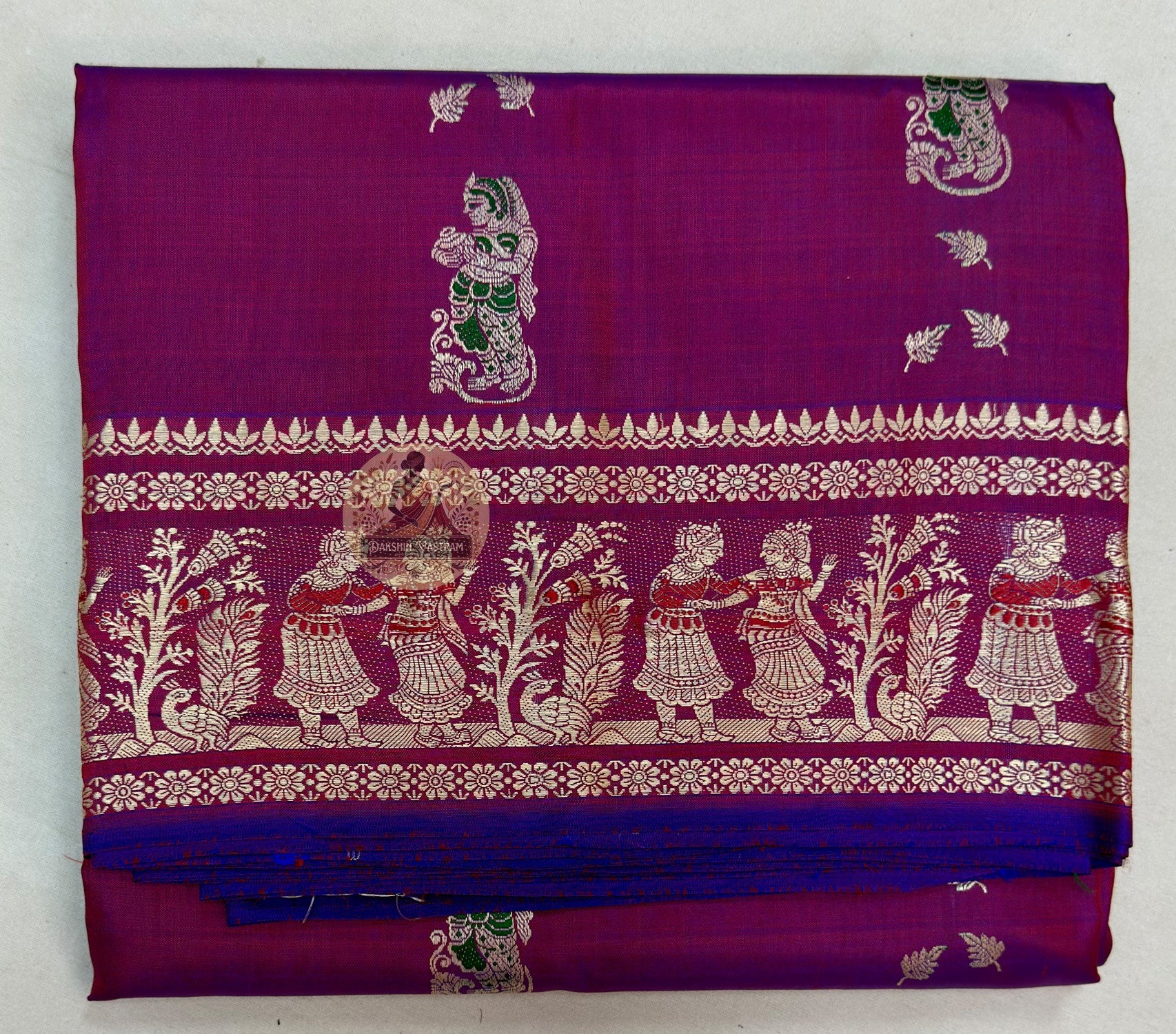 Detail view of traditional Baluchari buti motifs handwoven across the body of Baluchari Pure Silk Saree, revealing the fine precision and luminous quality of Bengal's greatest storytelling textile tradition