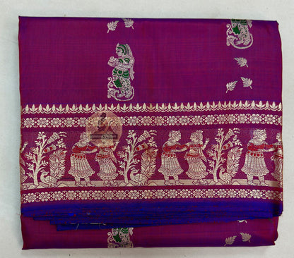 Full flat-lay of Bishnupur Baluchari Silk Saree in pure lustrous silk showing complete handwoven mythological pallu, narrative border and saree body — perfect for Durga Puja 2026, Poila Boishakh, weddings and cultural events across Bishnupur, Kolkata, Bankura and Bardhaman