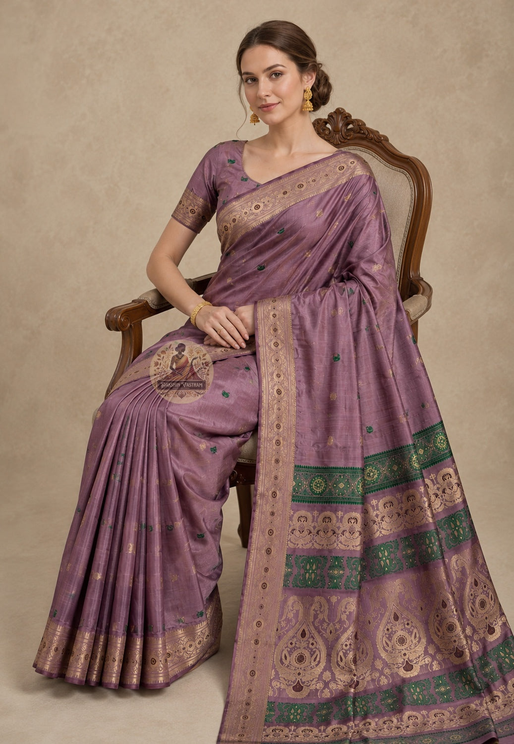 Side view of Swarnachari handloom silk saree showing golden zari declaration border and warm pure silk drape of a tradition that has never doubted its own worth, West Bengal weave