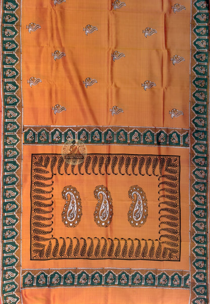 Detailed close-up of hand-woven border on Bishnupur Pure Katan Silk Saree showing intricate temple-inspired Bishnupur weave patterns in tightly woven fine pure Katan silk