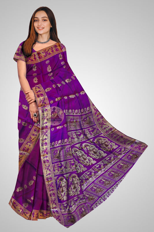 Handwoven Baluchari silk saree in deep mulberry with gold zari Mahabharata figures on ornate woven pallu