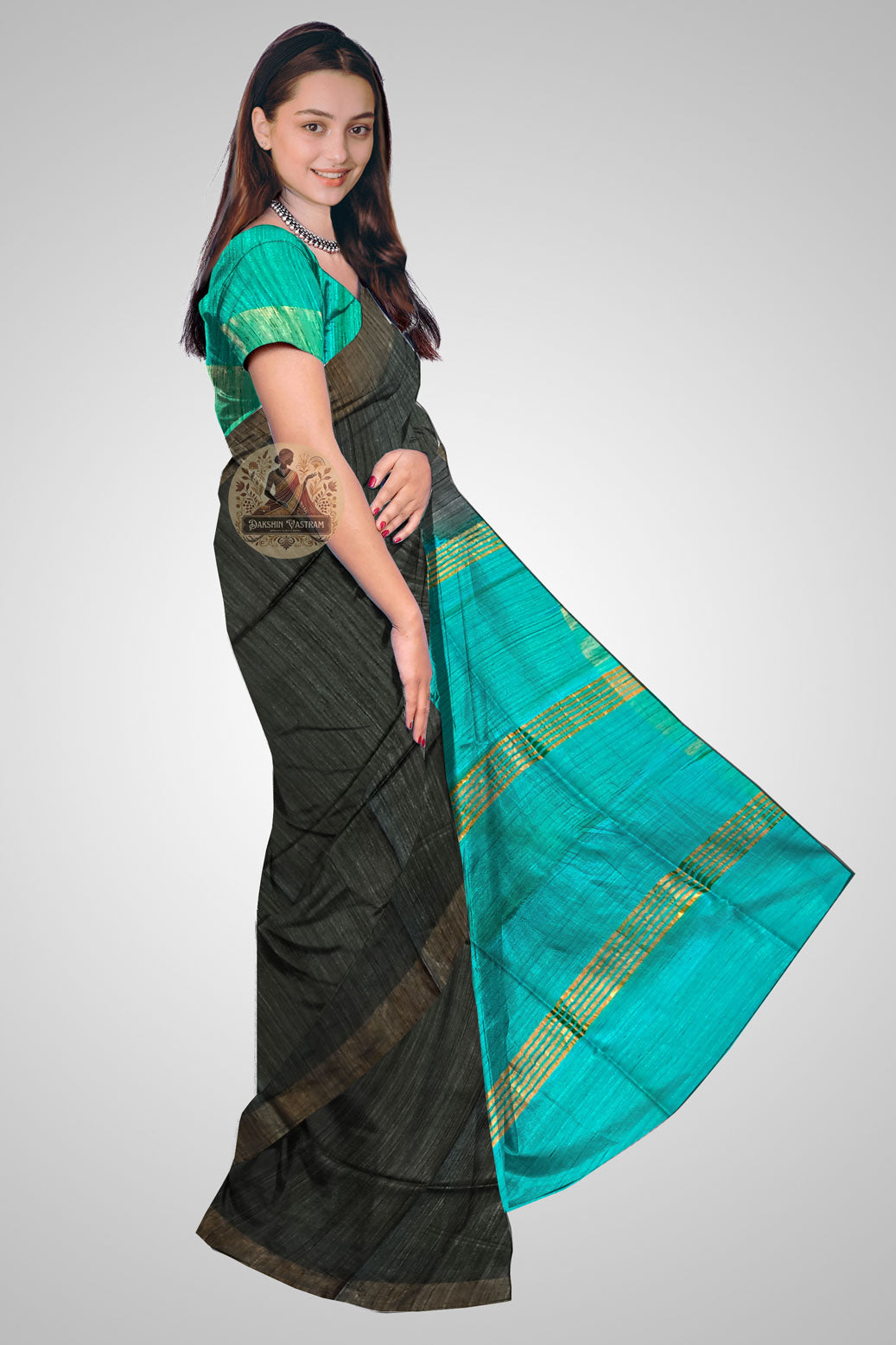 Buy Black and Turquoise Ghicha Tussar Silk Saree online – Saree side view