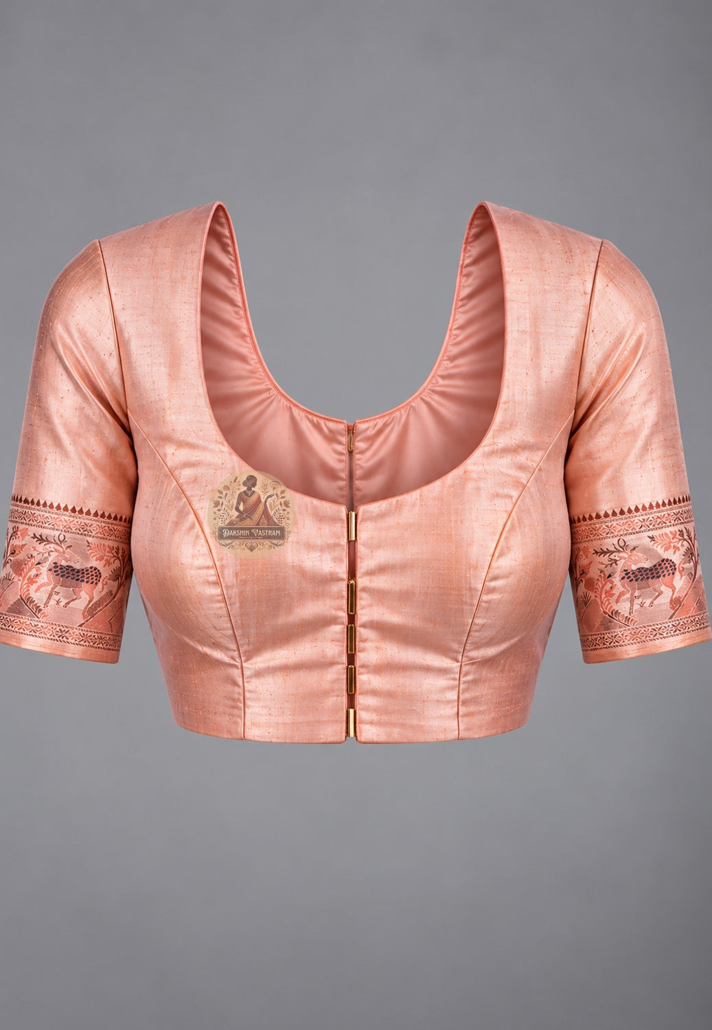 Matching blouse piece included with Swarnachari pure silk mythology golden zari saree, pre-woven in the same Swarnachari silk by West Bengal handloom artisan weavers