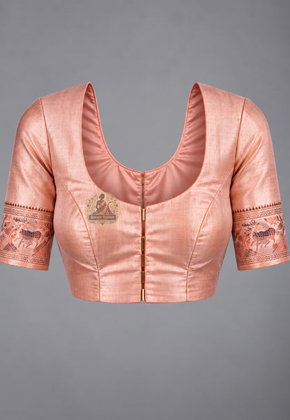 Matching blouse piece included with Swarnachari pure silk mythology golden zari saree, pre-woven in the same Swarnachari silk by West Bengal handloom artisan weavers
