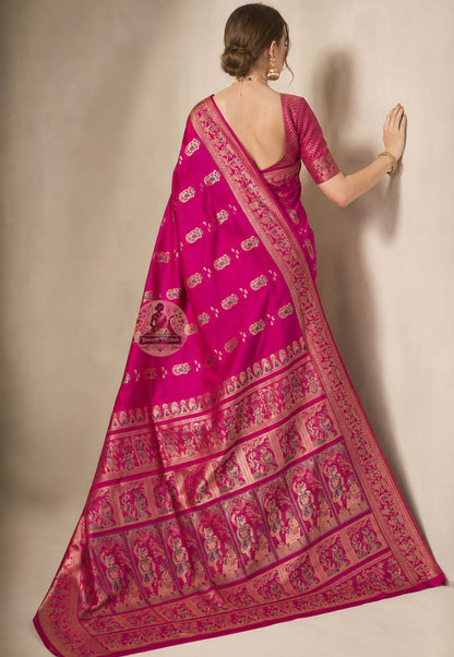 Front view of woman wearing Swarnachari Silk Saree with raw silk blouse Diwali hostess Lakshmi Puja formal evening Kolkata