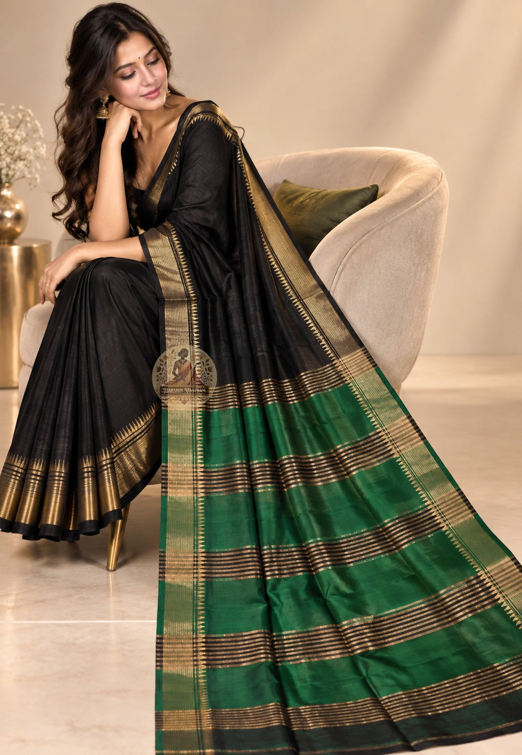 Front view of Bishnupur Katan silk saree with traditional Bengal motifs, handwoven by artisan weavers in West Bengal as a gifting saree