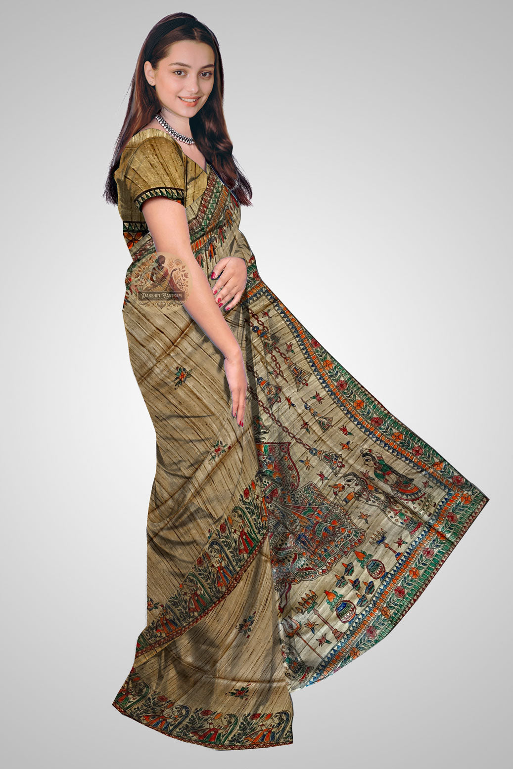 Shop Indian Handloom Saree – Side profile showcasing artisanal Ghicha weave
