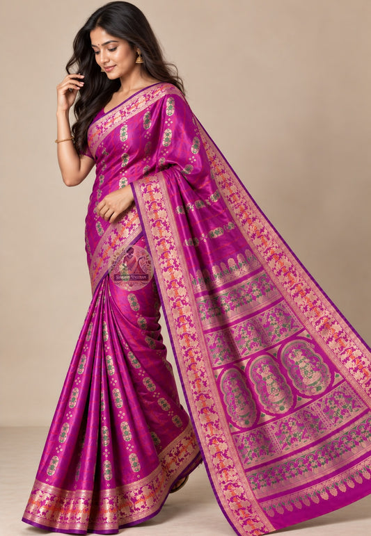 Front view of purple Swarnachari silk saree showing purple pure silk body with golden zari Malla court and Bishnupur terracotta temple motifs deepening in warm evening light