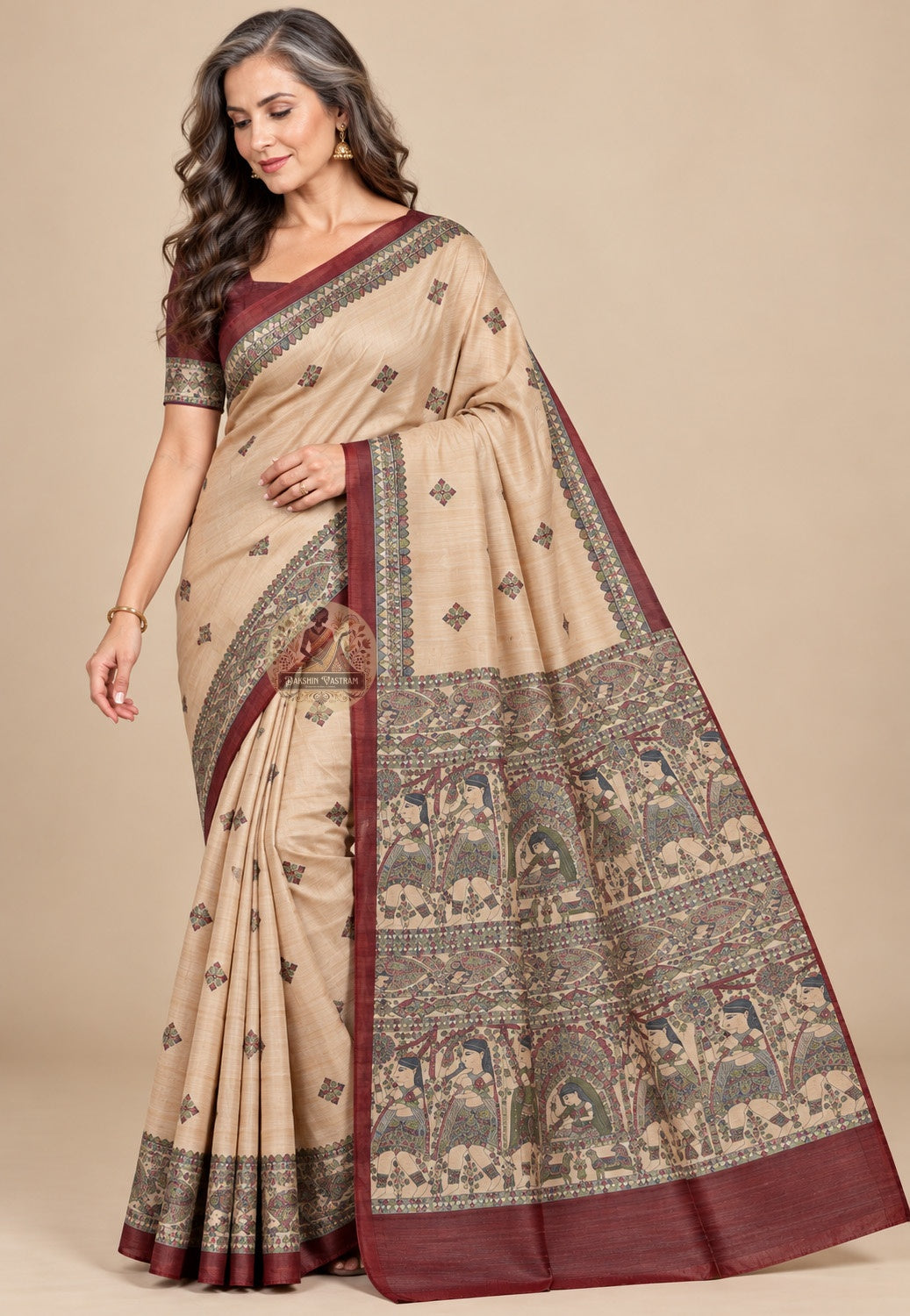 Front view of beige Ghicha Tussar silk saree with small dark motifs, patterned borders and maroon edges
