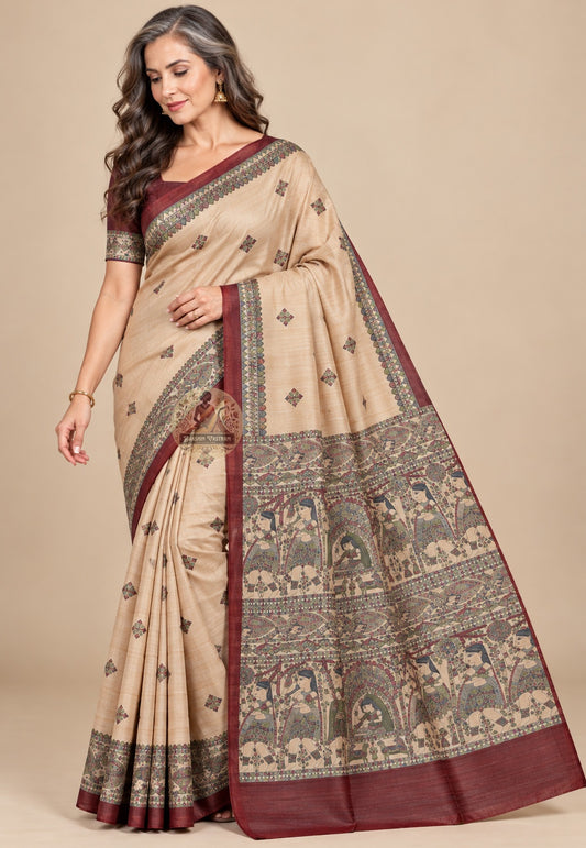 Front view of beige Ghicha Tussar silk saree with small dark motifs, patterned borders and maroon edges