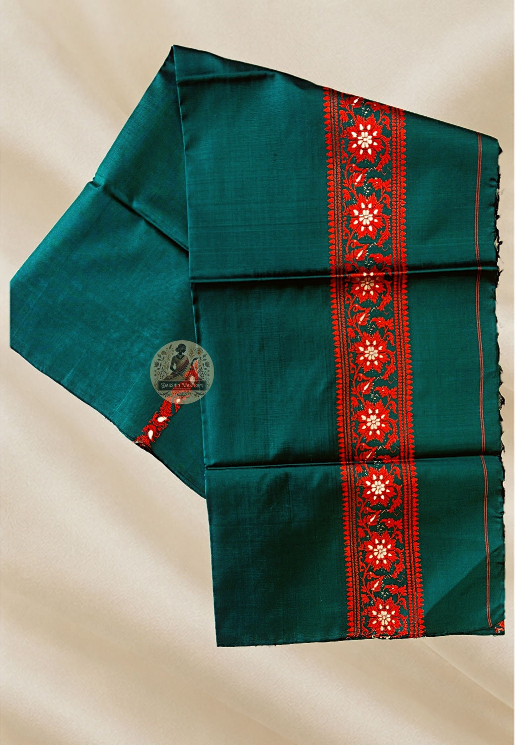 Close-up of Bishnupur Baluchari silk stole weave showing finely rendered mythological figures and geometric border woven directly into pure silk