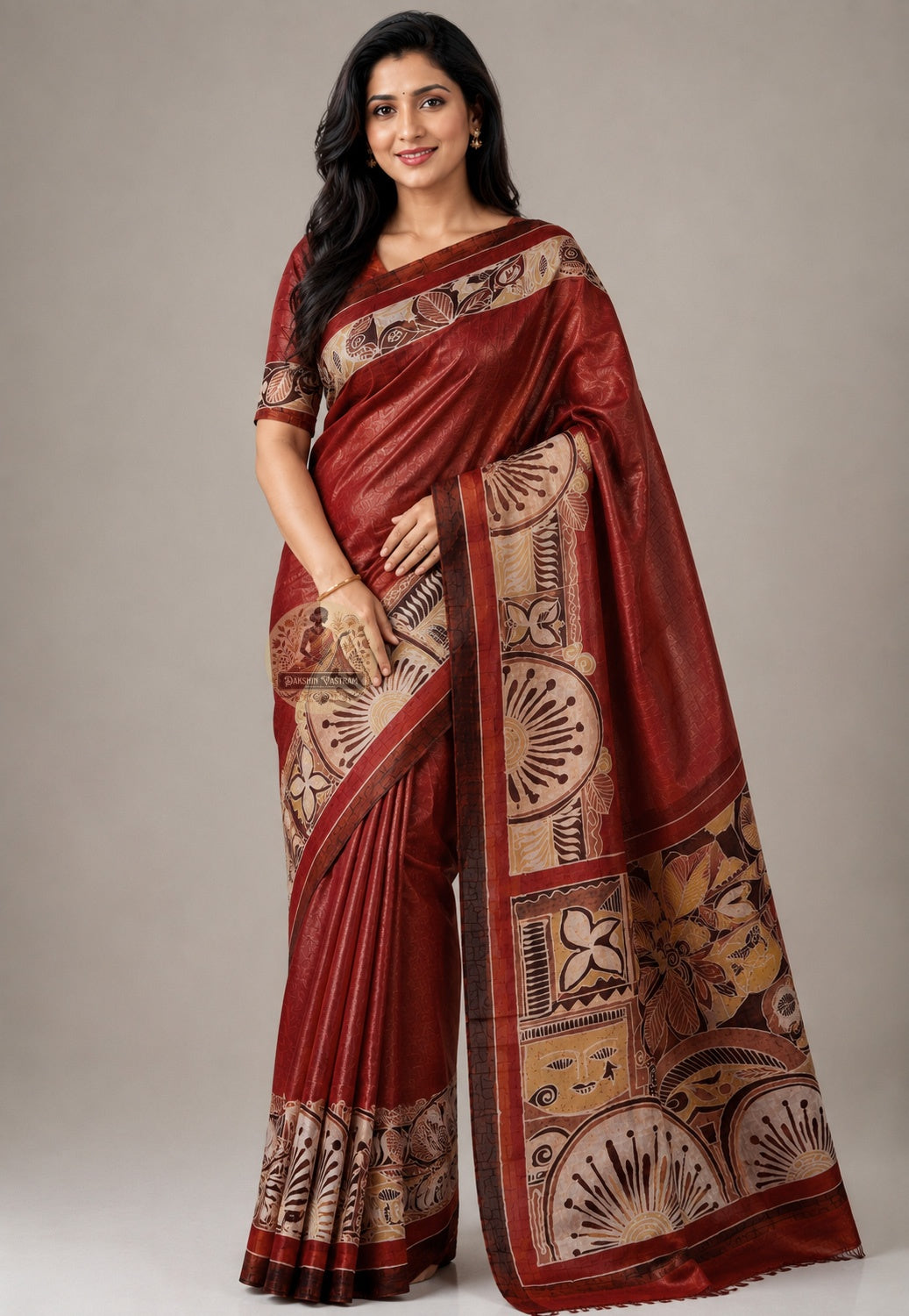 Front view of handwoven Bishnupur Pure Katan Silk Saree from Bengal, crafted for unforgettable moments with heritage motifs on the pallu and the warm deep lustre of pure Katan silk drape