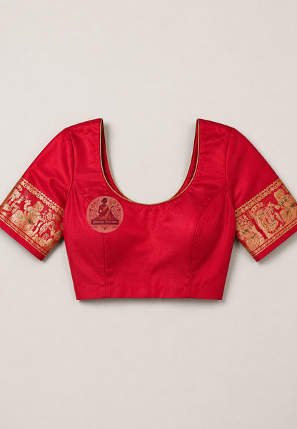 Matching unstitched blouse piece of Swarnachari silk saree in pure handloom silk with golden zari border trim, included with saree and ready for tailoring to fit