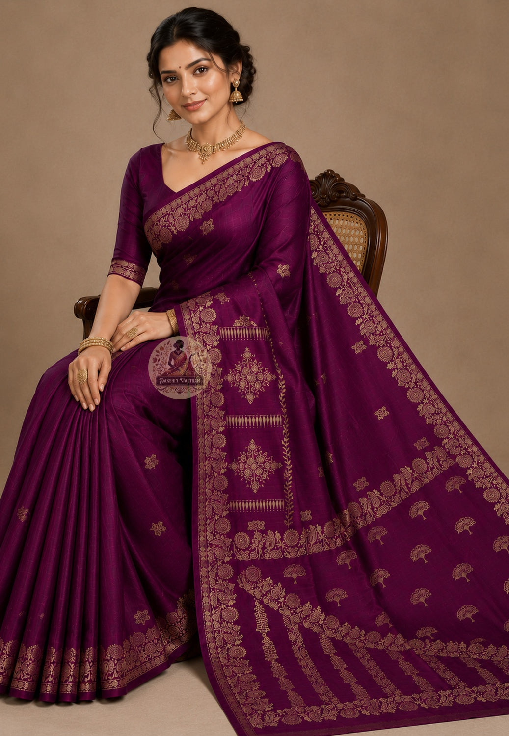 Side view of Bishnupur pure Katan silk saree showing fluid silk drape and rich colour depth, Bankura Bengal handloom