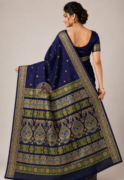 Front view of woman wearing Baluchari Silk Saree with antique gold jewellery, bridal trousseau Diwali occasion