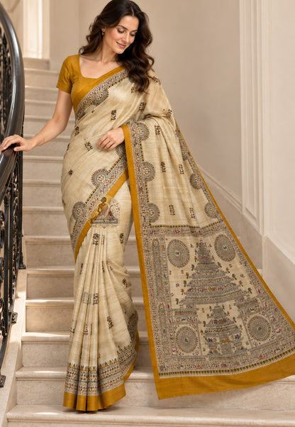 Front view of Ghicha Tussar wild silk conscious handloom saree with natural slub texture and earthy matte lustre, artisan woven in West Bengal from wild Tussar silk