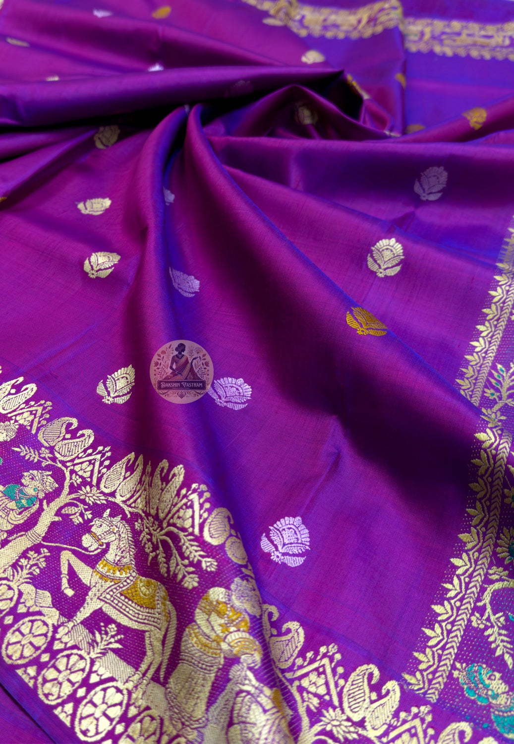 Close-up of handwoven mythology and royal court motifs on Baluchari silk saree pallu from West Bengal
