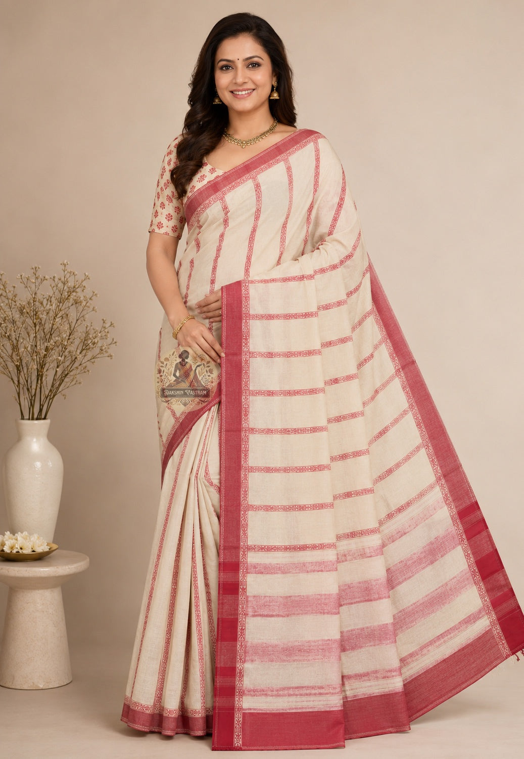Front view of West Bengal handloom cotton saree draped in classic Nivi style for wedding season