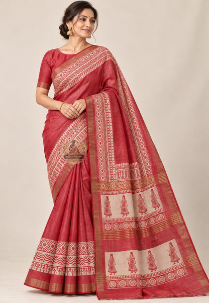 Front view of red Ghicha Tussar silk saree with pale geometric borders and gold-toned edges