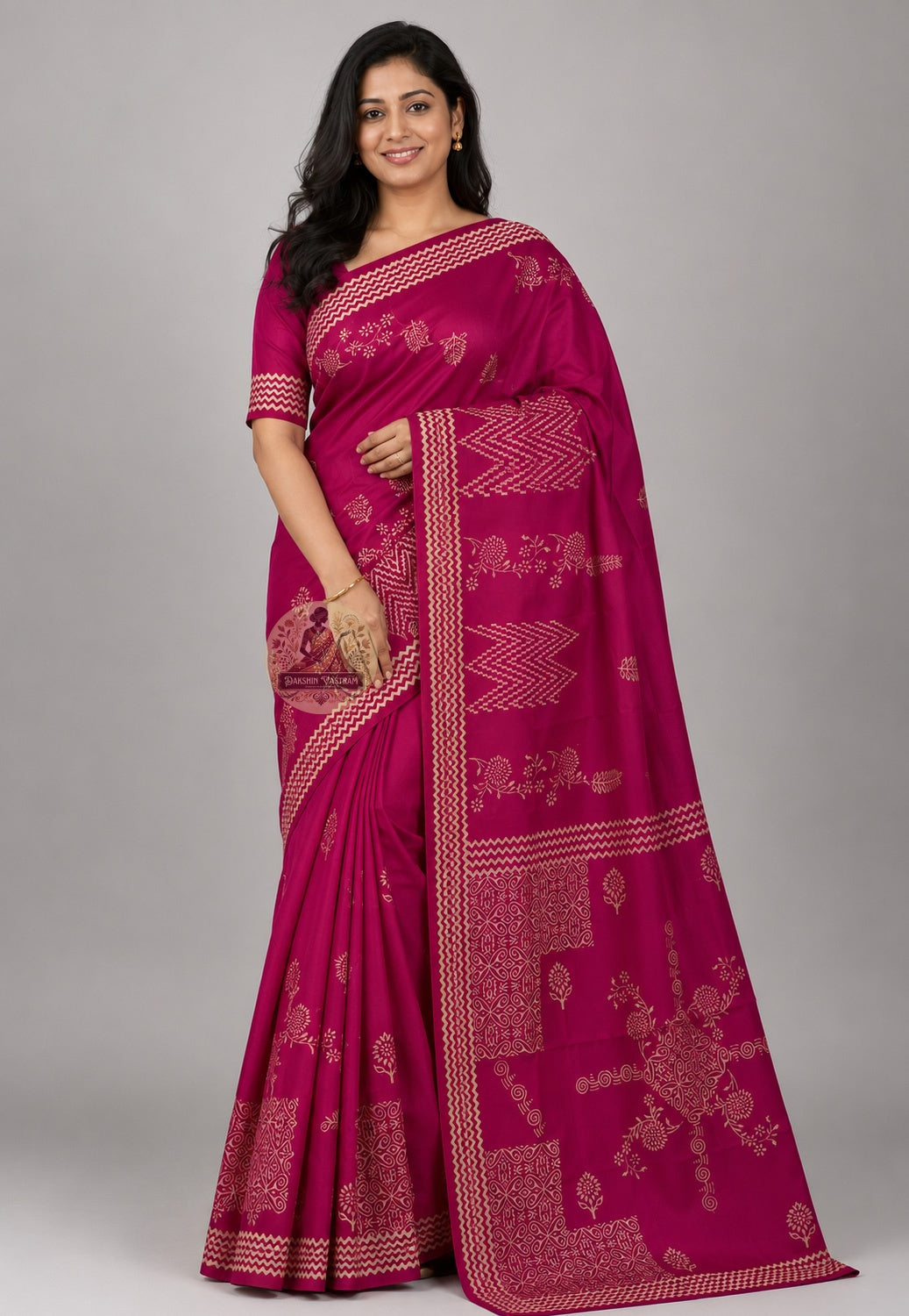 Front view of Bishnupur Baluchari Katan Silk Saree in rich jewel tone, handwoven with traditional temple motifs, draped elegantly on model