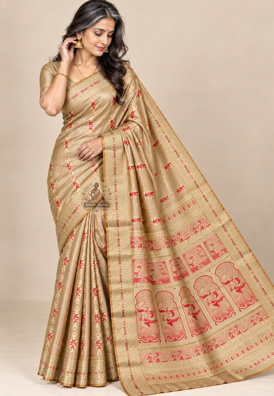Front view of beige gold Swarnachari silk saree with small red motifs and patterned borders
