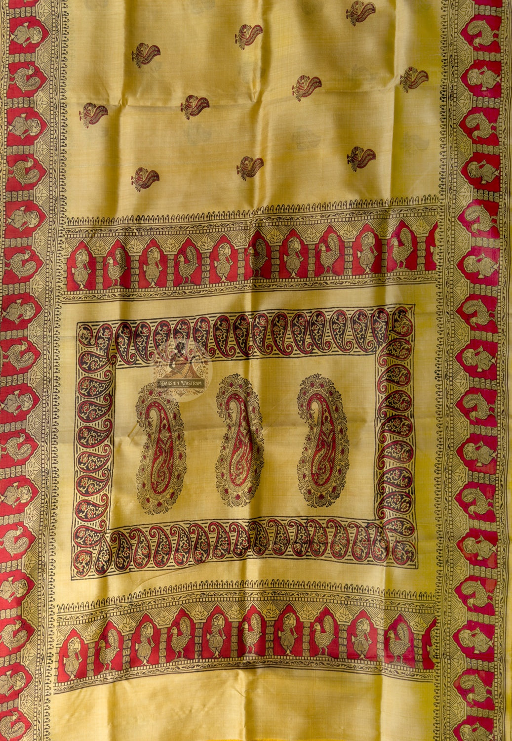 Close-up of zari butis showing lotus bud motifs on Bishnupur Katan Silk Saree, traditional pit-loom weave