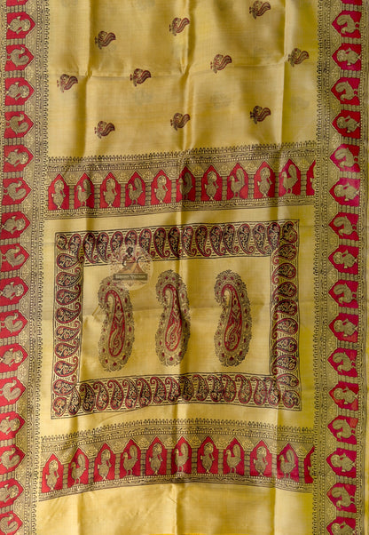 Close-up of zari butis showing lotus bud motifs on Bishnupur Katan Silk Saree, traditional pit-loom weave