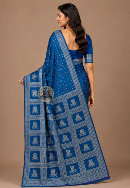 Side view of Bishnupur Pure Katan Silk Saree showing artisan handloom drape and chevron woven border