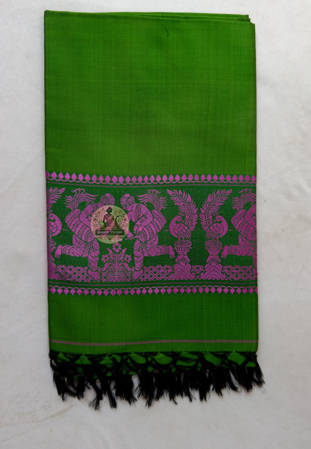 Flat lay of Bishnupur Baluchari pure silk wedding season stole showing full handloom narrative composition and geometric floral border in fine silk