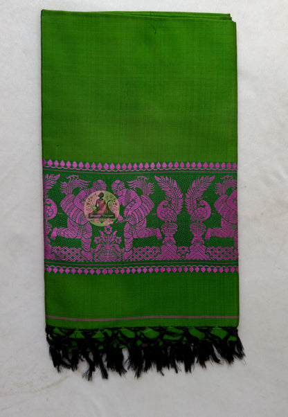 Flat lay of Bishnupur Baluchari pure silk wedding season stole showing full handloom narrative composition and geometric floral border in fine silk