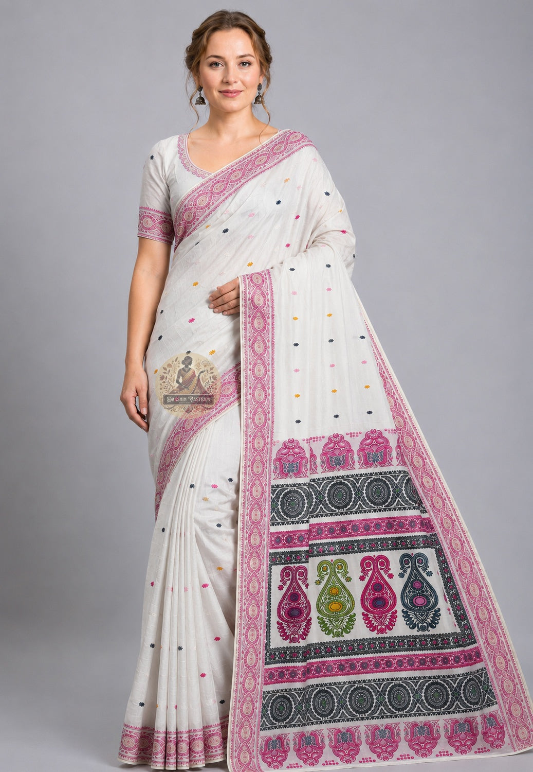 Front view of Baluchari Silk Saree with handwoven Vishnu Dashavatara and cosmic ocean scene, West Bengal