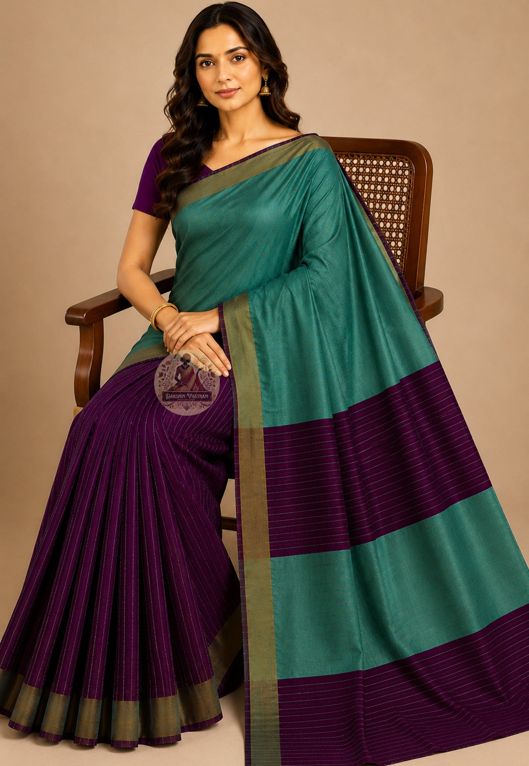 Front view of handwoven Bishnupur Pure Katan Silk Saree from Bengal, part of Durga Puja Collection 2026, showcasing heritage motifs on the pallu and the composed authoritative drape of pure Katan silk made slowly and worn with intention