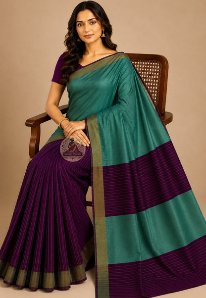 Front view of handwoven Bishnupur Pure Katan Silk Saree from Bengal, part of Durga Puja Collection 2026, showcasing heritage motifs on the pallu and the composed authoritative drape of pure Katan silk made slowly and worn with intention