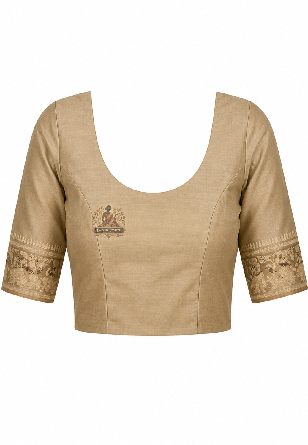 Matching unstitched blouse piece of premium Swarnachari silk saree in pure handloom silk with wide golden zari border trim, included with saree