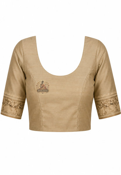 Matching unstitched blouse piece of premium Swarnachari silk saree in pure handloom silk with wide golden zari border trim, included with saree
