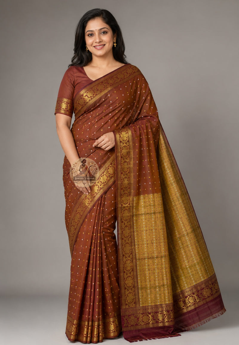 Bishnupuri pure katan silk saree front view – wear your roots in handwoven Bengal heritage silk, luminous drape for Durga Puja, weddings and cultural celebrations worldwide