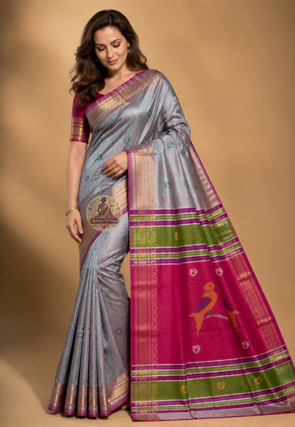 Front view of woman wearing Bishnupur Katan Silk Saree with silk blouse Durga Puja Navami anjali Kolkata 2026