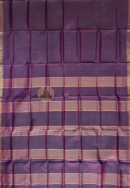 Rear view of Bishnupur Katan Silk Saree displaying pallu with temple spire silhouette and vine Bengal motifs