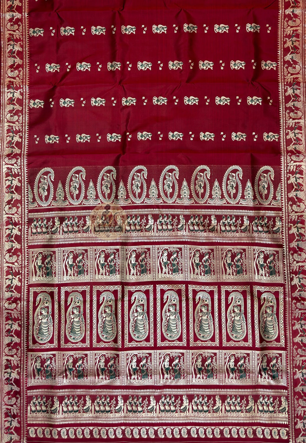 Close-up of blouse piece of Baluchari Silk Saree featuring traditional hand-woven border patterns in fine pure silk from Bishnupur Bengal