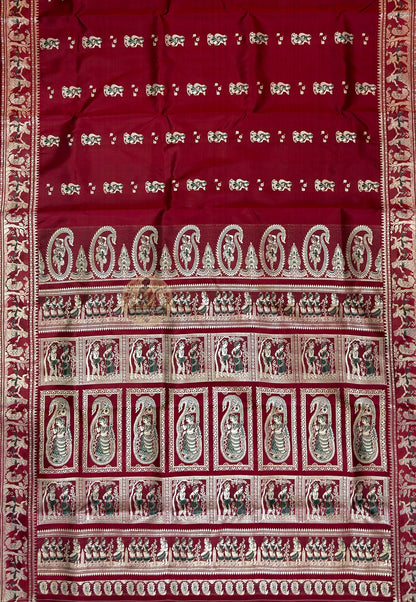 Close-up of blouse piece of Baluchari Silk Saree featuring traditional hand-woven border patterns in fine pure silk from Bishnupur Bengal