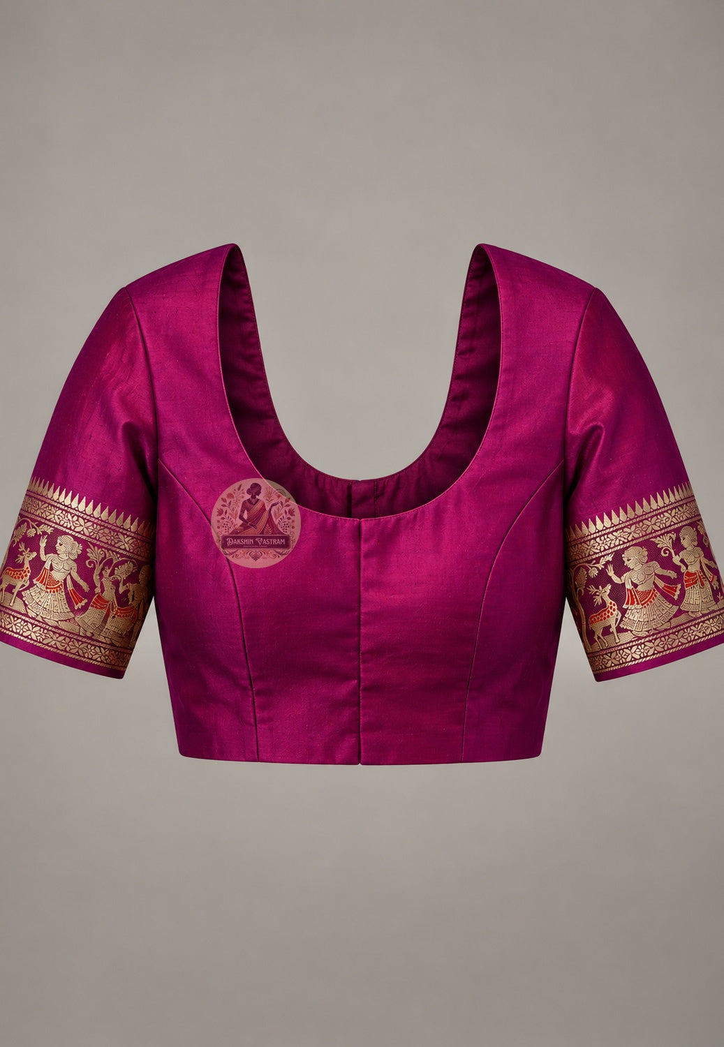 Matching purple blouse piece included with purple Swarnachari pure silk golden zari saree, pre-woven in the same autumn evening purple Swarnachari silk by West Bengal handloom weavers