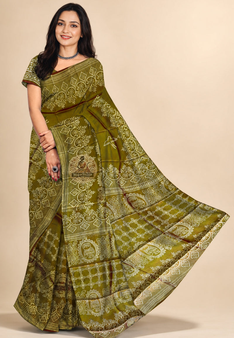Bishnupur Silk Block Print Saree front view – hand block printed Bengal silk saree for Diwali and Indian weddings in New York and New Jersey | Dakshin Vastram