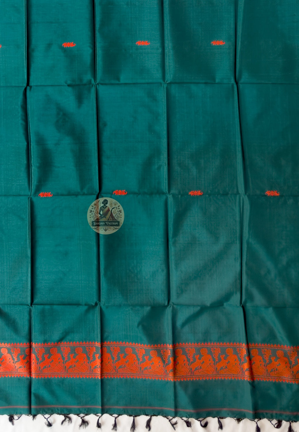 Rear view of Bishnupur Baluchari silk living craft stole showcasing richly worked terminal panel with dense artisan-woven narrative motifs in pure silk thread