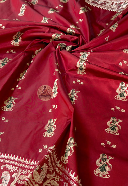 Full saree view of Bishnupur maroon Baluchari pure silk bridal saree with matching blouse piece, crafted for Bengali weddings and Durga Puja