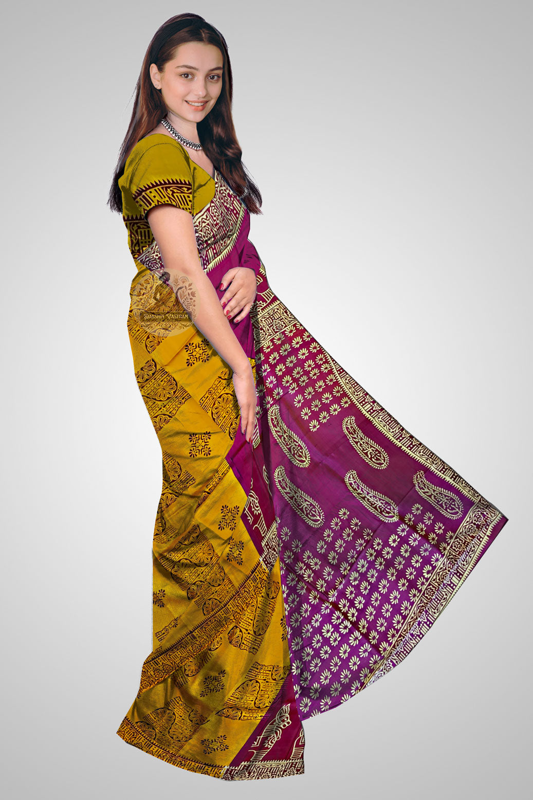 Shop Bengal Katan Silk Saree UK – Side view of rich silk drape