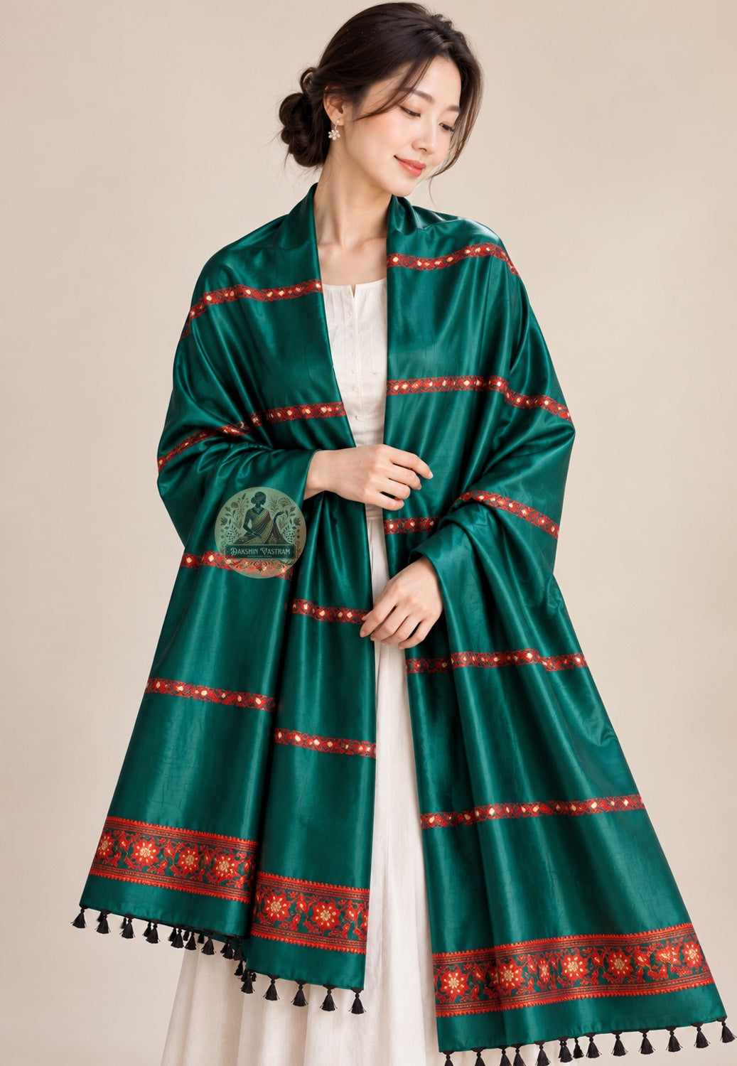 Front view of Bishnupur Baluchari pure silk stole with mythological narrative motifs, handwoven on traditional pit loom by artisan weavers in West Bengal