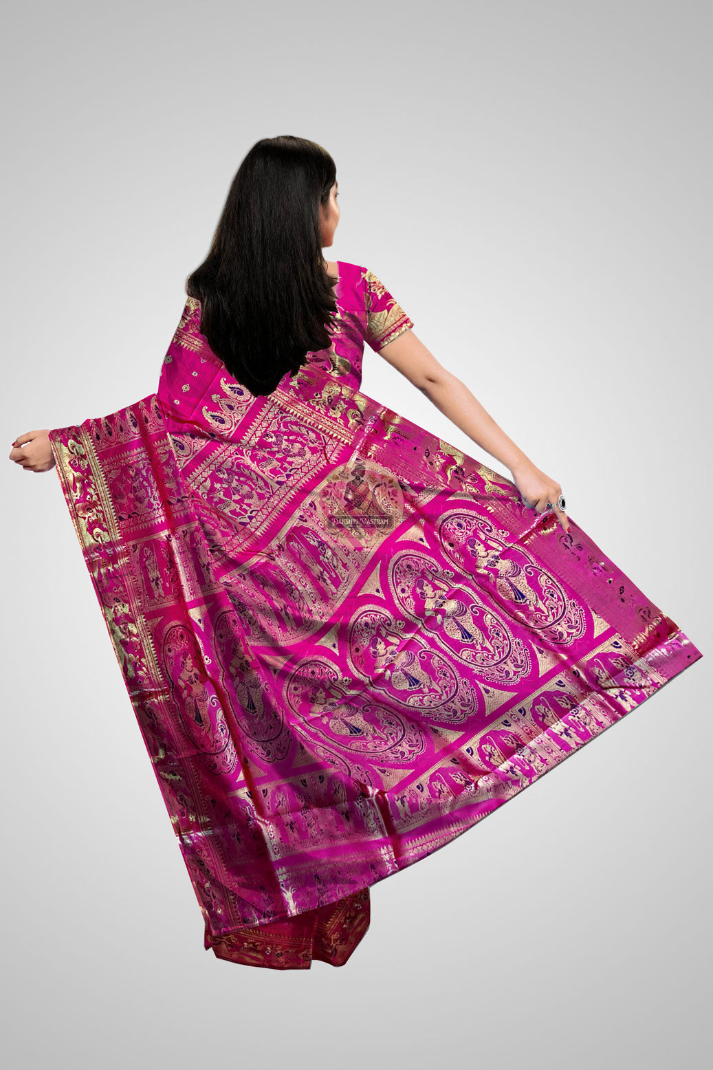 Buy Swarnachari Pure Silk Saree – Rear view with heritage design