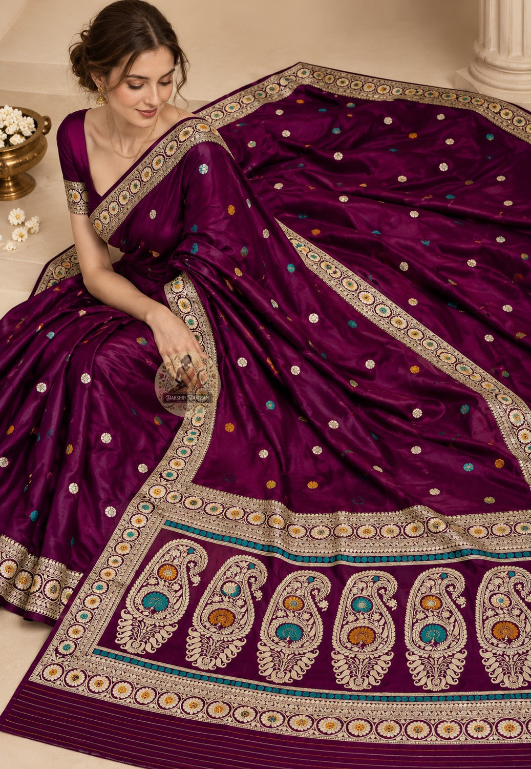 Side view of Bishnupur Baluchari heirloom silk saree displaying structured drape and deep natural lustre of pure mulberry silk