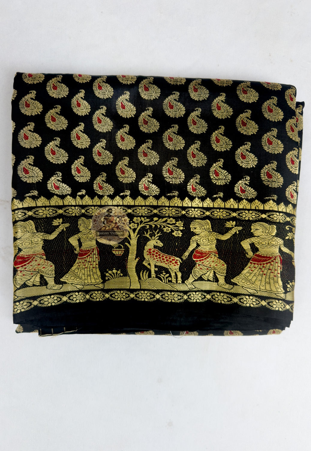 Close up of multicoloured woven motifs on the black Baluchari silk saree body